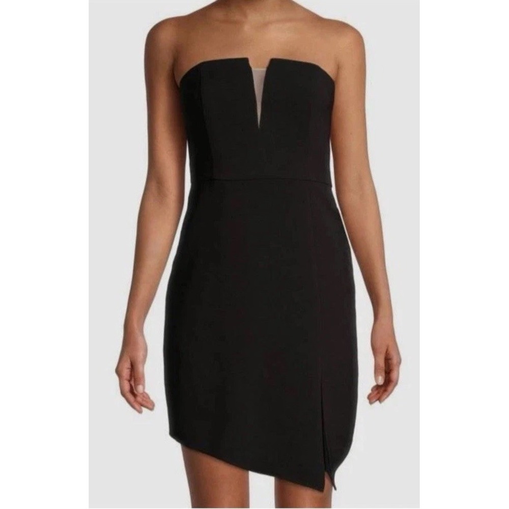 Liv Foster Black Strapless Twill Mesh Inset Asymmetric Cocktail Dress Size 10